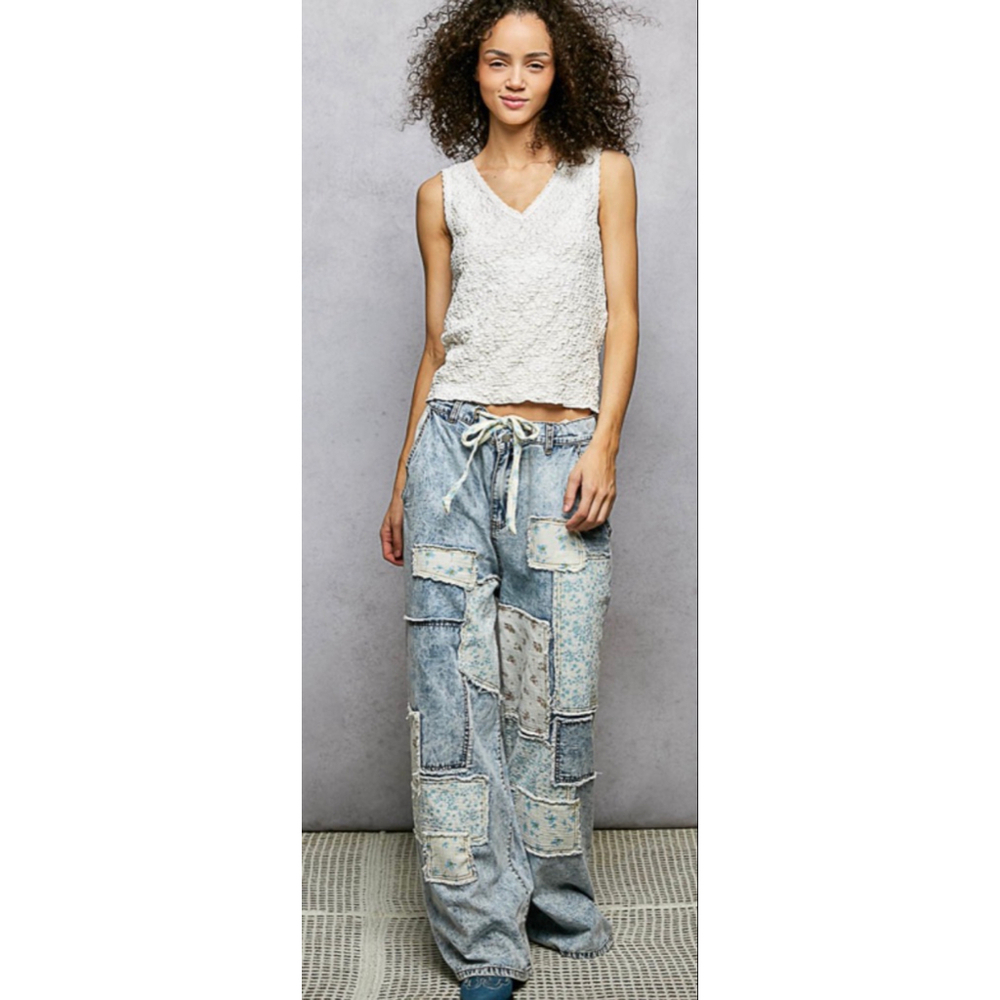 New POL Denim Patchwork Boho Chic Baggy Y2K Free People Vibe Pants Sizes M, L - Picture 7 of 9